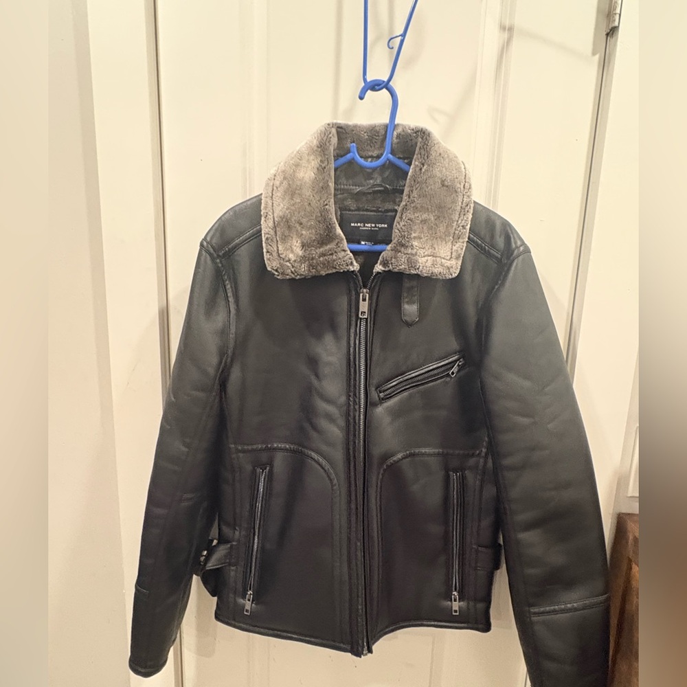 Marc New York Black Leather Bomber with Gray Shearling Collar